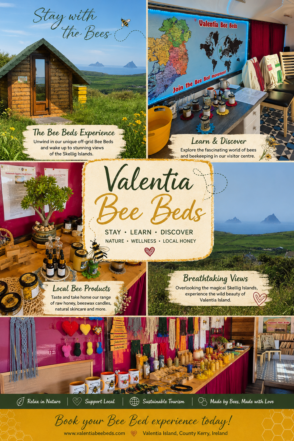 Collage promoting Valentia Bee Beds with off-grid accommodation, bee education centre, local honey products and views of the Skellig Islands.