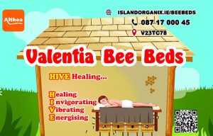 Promotional graphic for Valentia Bee Beds: Healing, Invigorating, Vibrating, Energising,