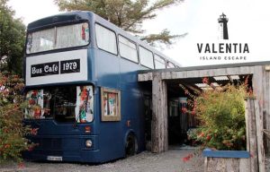 Valentia Island Escape Bus Café, a converted blue double-decker bus with the inscription Bus Café 1979.